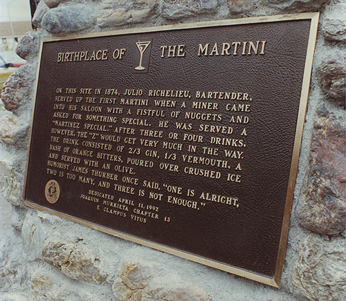 The bronze plaque at the location in Martinez where the martini was invented.